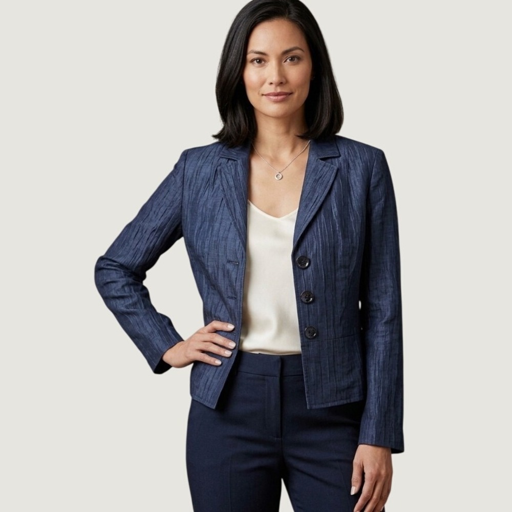 MORE & MORE Navy Blue Textured Linen Blend Blazer Jacket Size 12 Lined Short